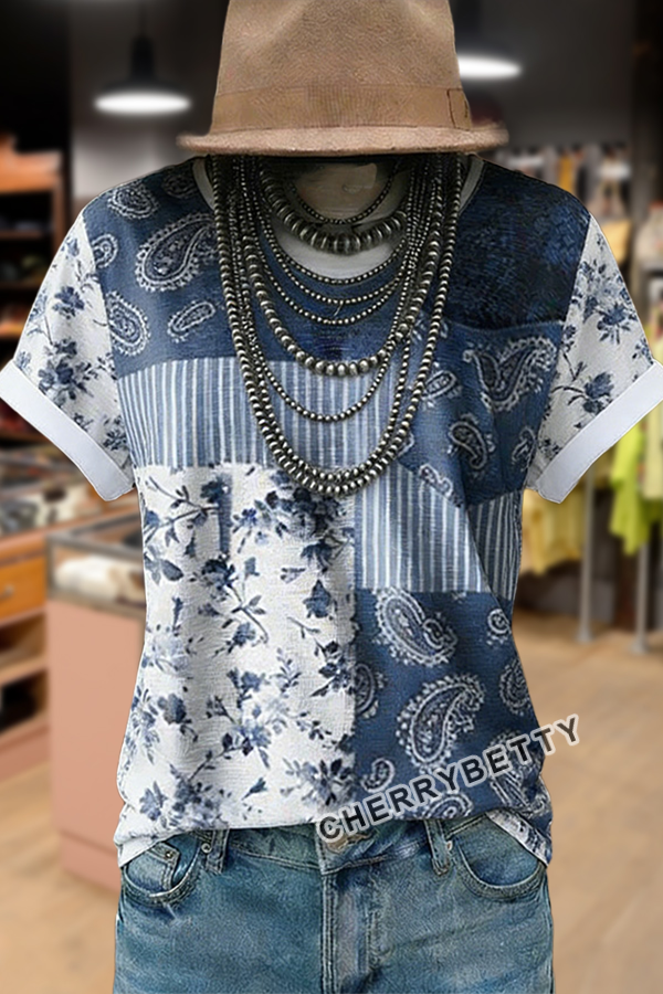 Retro Mixed Floral Patch Round Neck T-Shirt