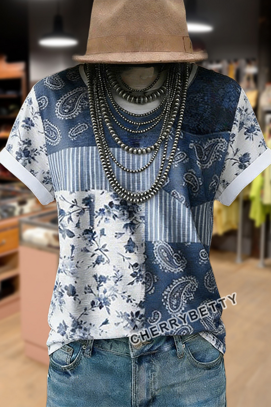 Retro Mixed Floral Patch Round Neck T-Shirt