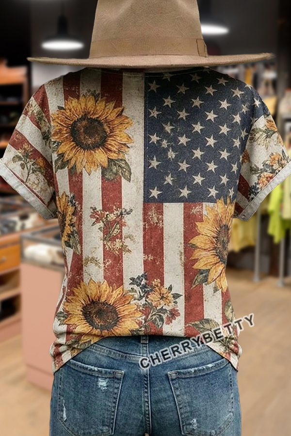Retro Sunflower Flag Print T-Shirt