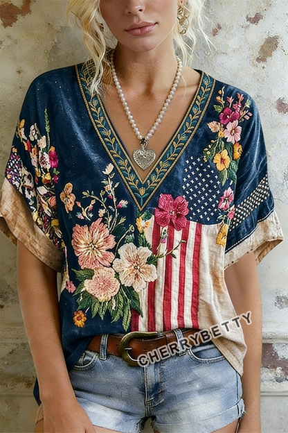 Boho American Flag Flower Embroidered V-Neck Cotton Top