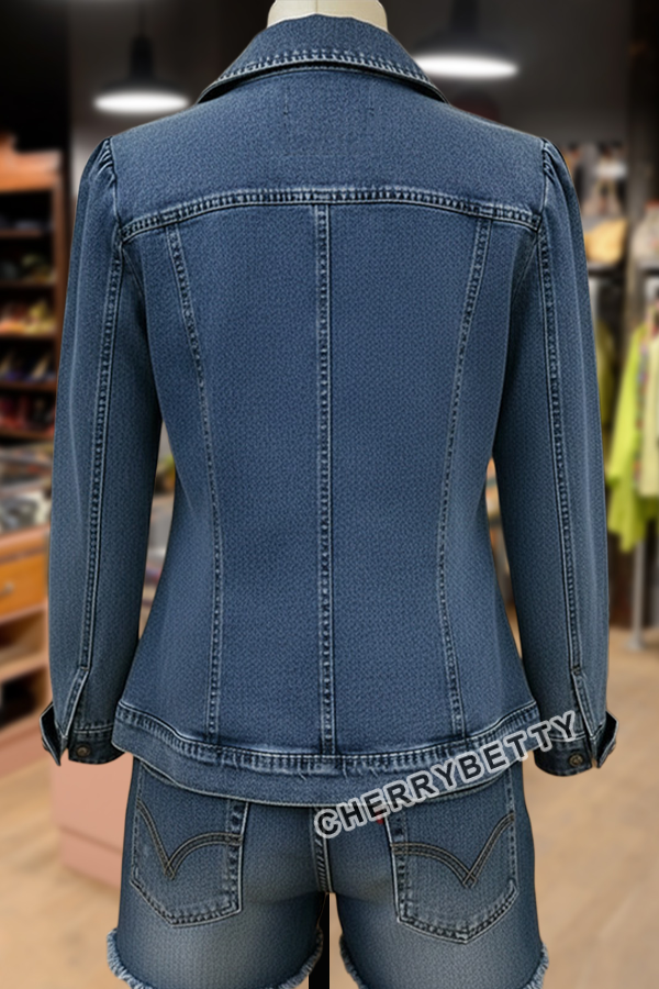Solid Ruffle Trim Collared Denim Jacket
