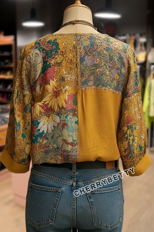 Boho Flower Print V-Neck Blouse