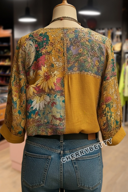 Boho Flower Print V-Neck Blouse