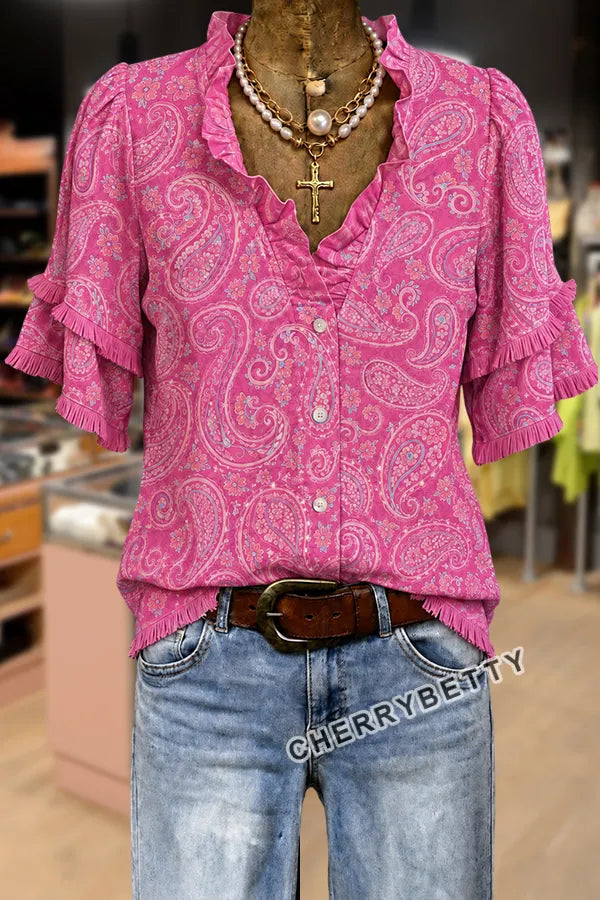 Vintage Paisley Print Ruffle Neck Frayed Hem Top