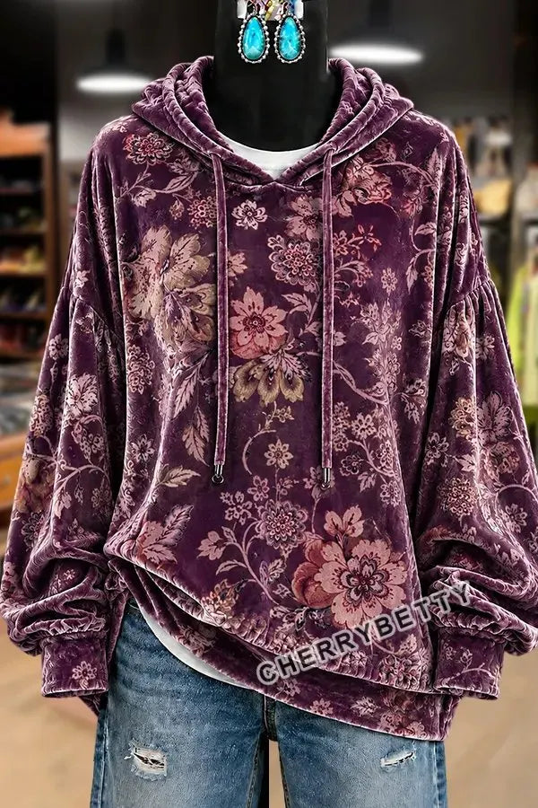 Retro Floral Print Long Sleeve Velvet Hoodie Top