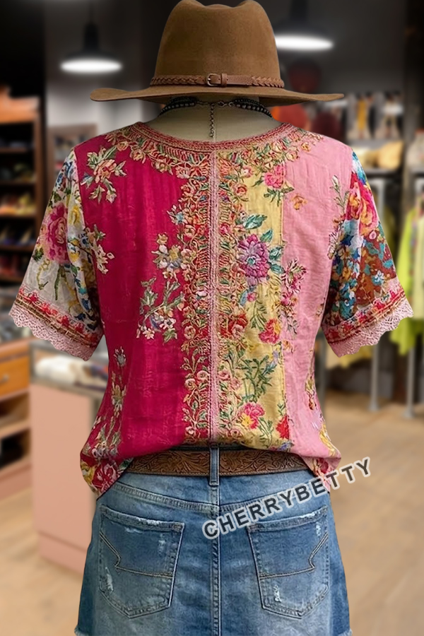 Retro Floral Embroidered Short Sleeve Cotton Top