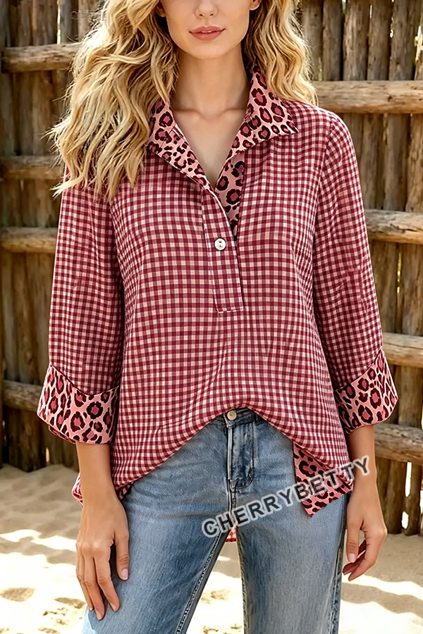 Classic Gingham Pattern Leopard  Collar Three Quater Sleeve Blouse