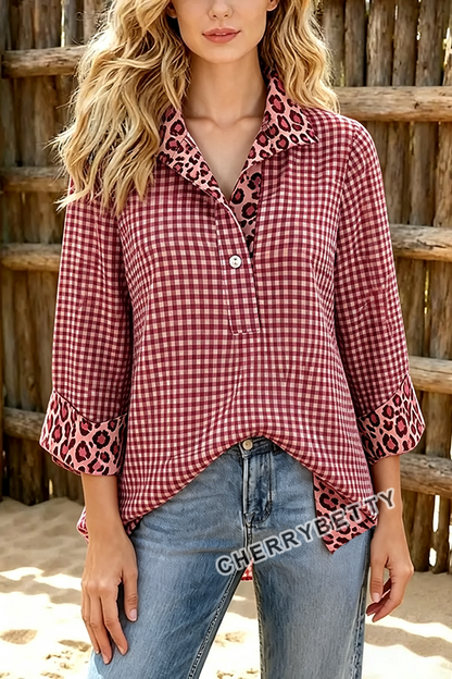 Classic Gingham Pattern Leopard  Collar Three Quater Sleeve Blouse