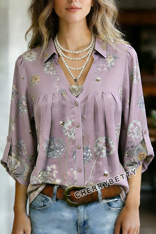 Vintage Floral Print Split Neck Three Quater Dolman Sleeves Blouse