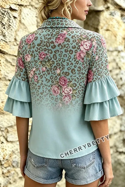 Gradient Leopard Floral Print Ruffle Sleeve Top
