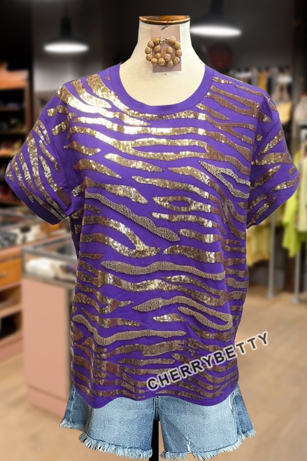 Sequin Tiger Pattern Short Sleeve Top