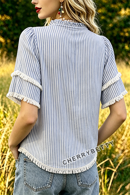 Casual Striped Ruffle Neck Frayed Hem Top
