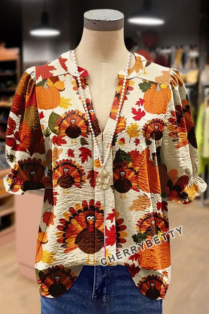 Mixed Turkey Pumpkin Print Puff Sleeve Top