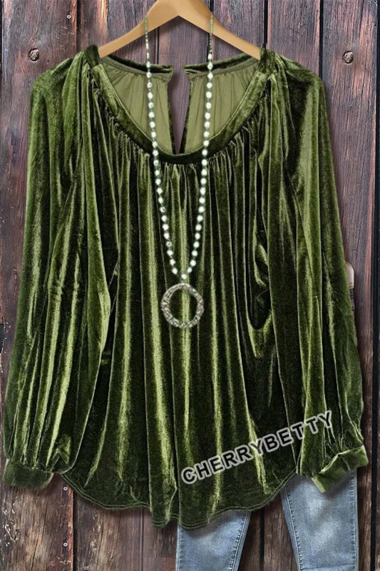 Casual V-Neck Long Sleeve Velvet Top