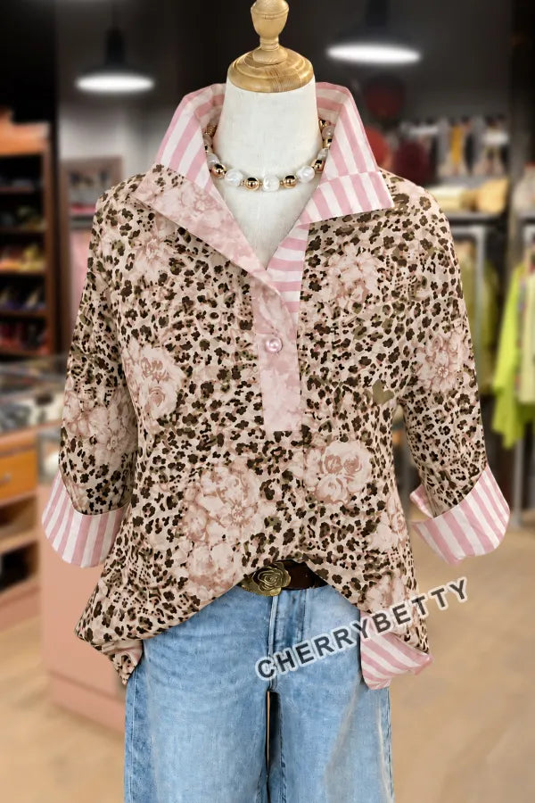 Chic Leopard Floral Print Striped Collar Blouse