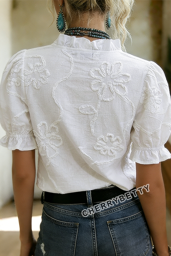 Flower Embroidered Ruffle Neck Puff Sleeve Cotton Top