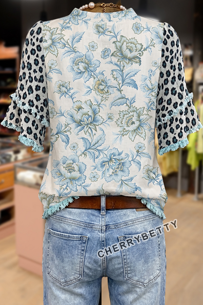 Mixed Leopard Floral Print Ruffle Neck Frayed Hem Top