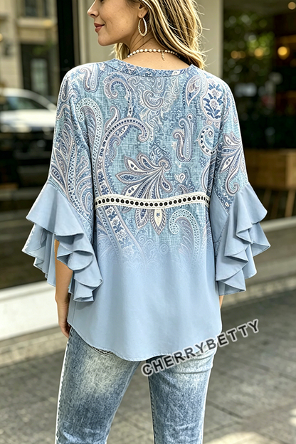 Gradient Paisley Print Ruffle Sleeve Hollow Out Top