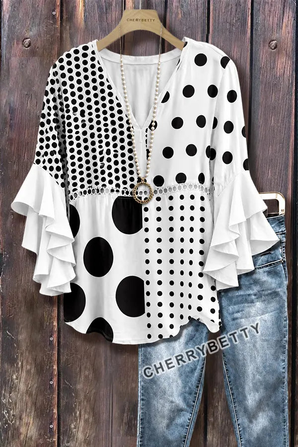 Mixed Polka Dot Print Ruffle Sleeve Hollow Out Top