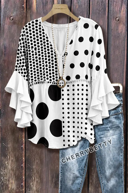 Mixed Polka Dot Print Ruffle Sleeve Hollow Out Top