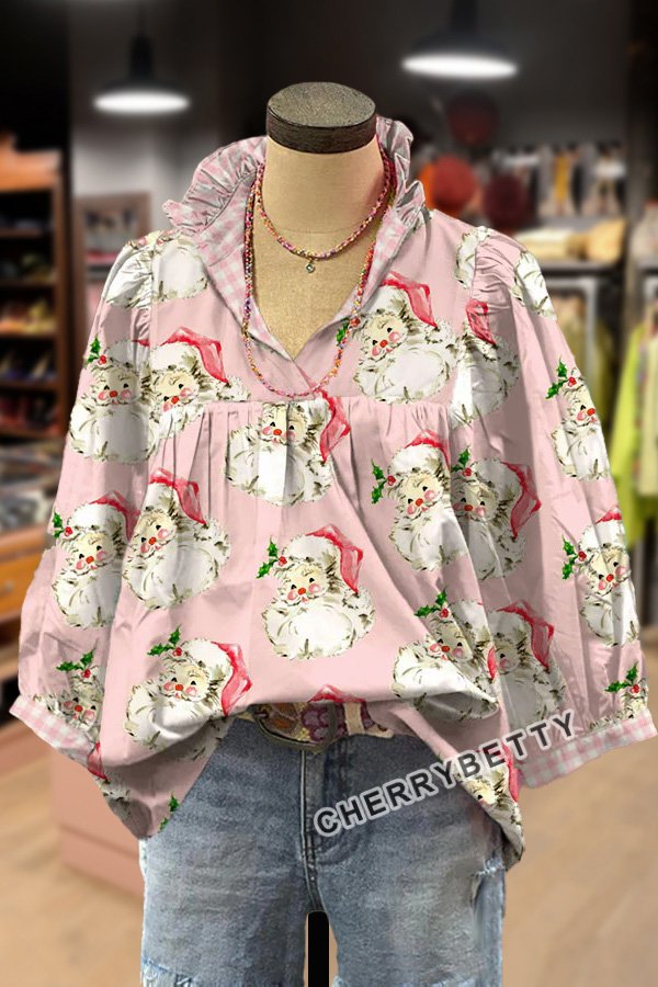 Christmas Santa Print Ruffle V-Neck Blouse