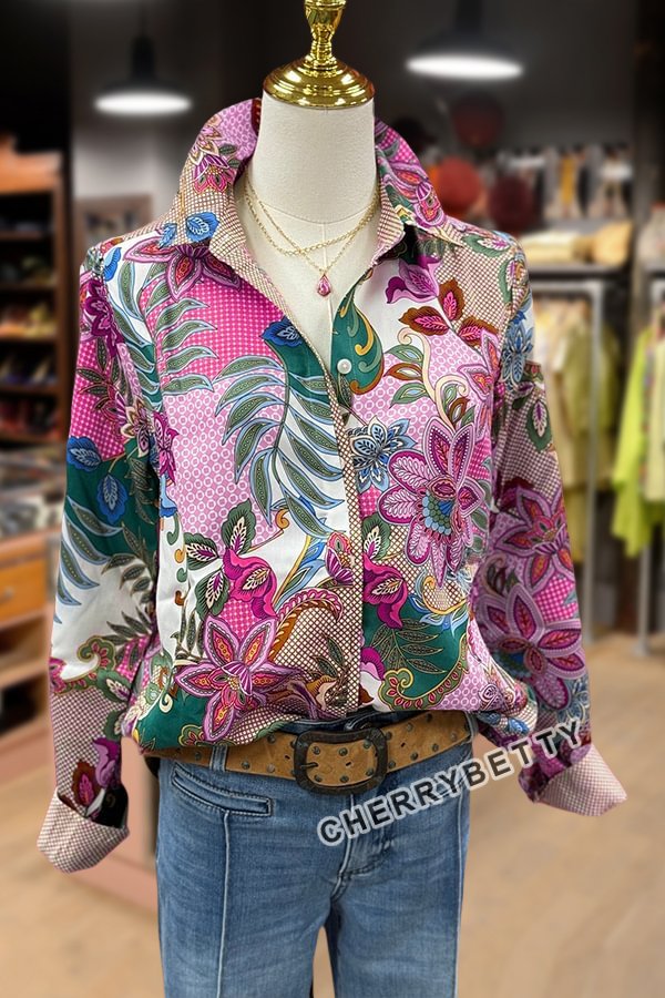 Multi Floral Print Collared Long Sleeve Blouse