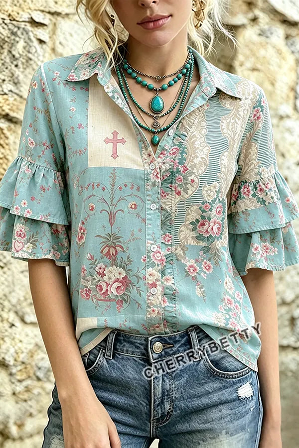 Mixed Floral Print Collared Ruffle Sleeve Top