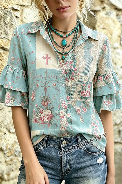 Mixed Floral Print Collared Ruffle Sleeve Top