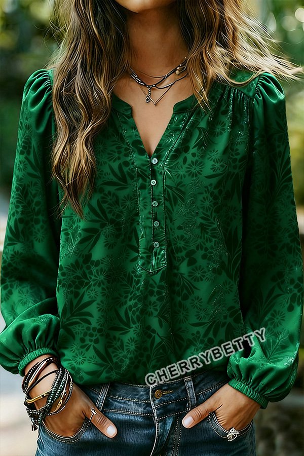 Vintage Florla Print Split Neck Velvet Top