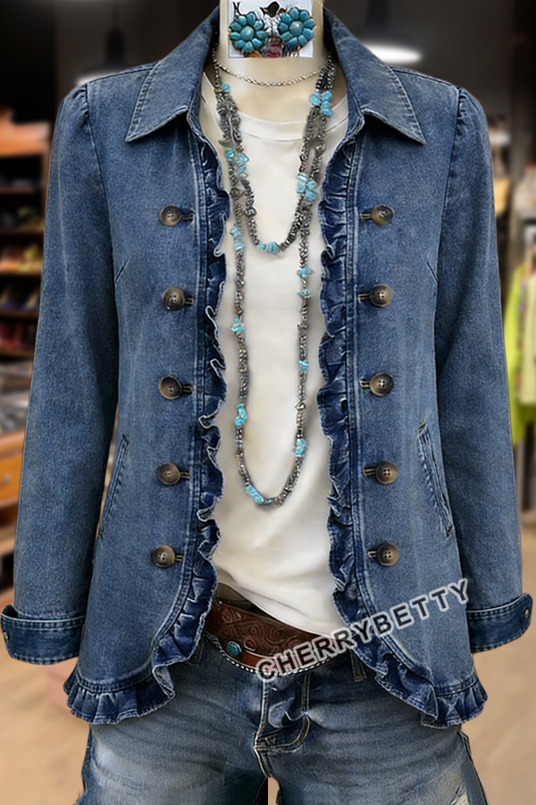 Solid Ruffle Trim Collared Denim Jacket
