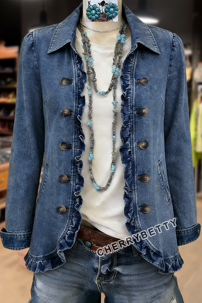 Solid Ruffle Trim Collared Denim Jacket