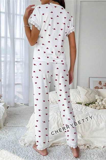 Cute Heart Print Lace Trim Cozy Pajama Set