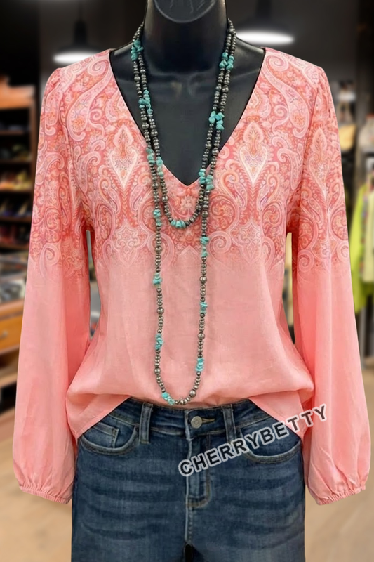 Retro Gradient Paisley Print V-Neck Blouse