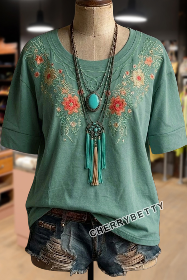 Retro Flower Embroidered Short Sleeve T-Shirt