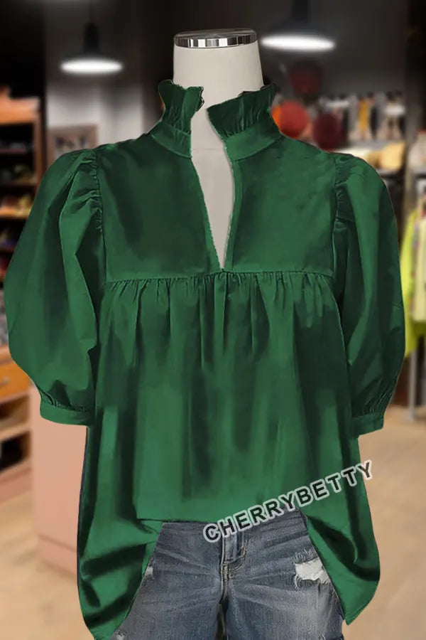 Casual Ruffle High Neck Puff Sleeve Top
