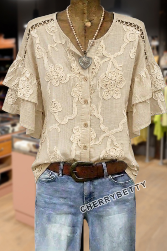 Elegant Floral Embroidered Double Ruffle Sleeve Hollow Out Top