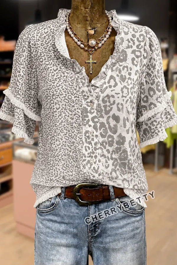 Contrast Leopard Print Ruffle Neck Frayed Hem Top