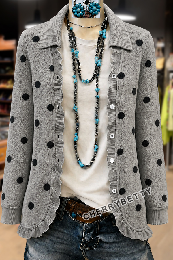 Classic Polka Dot Pattern Long Sleeve Ruffle Trim Cardigan