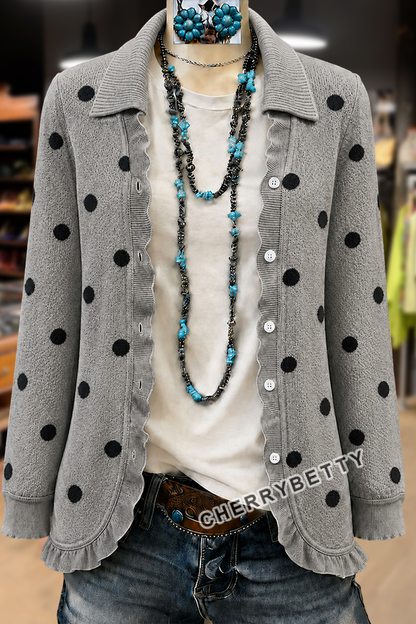 Classic Polka Dot Pattern Long Sleeve Ruffle Trim Cardigan