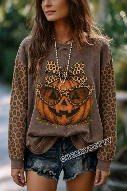 Vintage Halloween Leopard Pumpkin Print Sweatshirt