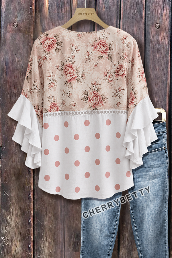 Contrast Floral Polka Dot Print Ruffle Sleeve Top