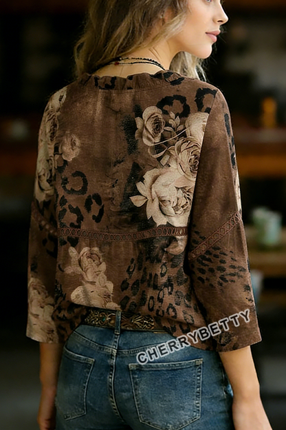 Mixed Leopard Floral Print V-Neck Hollow Out Top