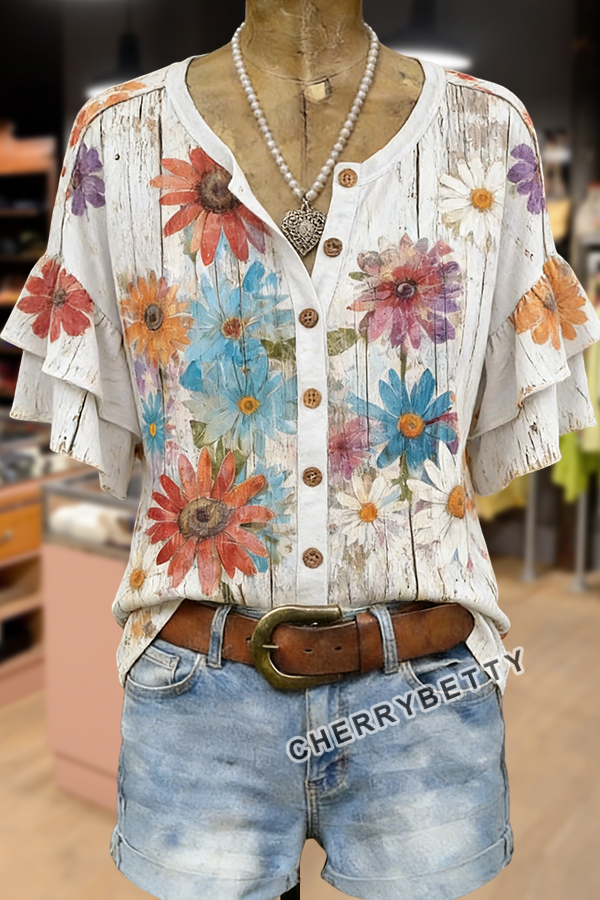 Vintage Distressed Flower Print Ruffle Sleeve Top