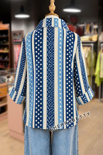 Mixed Polka Dot Print Collared Three Quater Sleeve Blouse