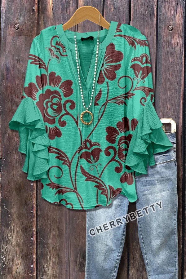 Retro Floral Print Layered Ruffle Sleeve Top