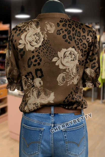 Mixed Leopard Floral Print V-Neck Top