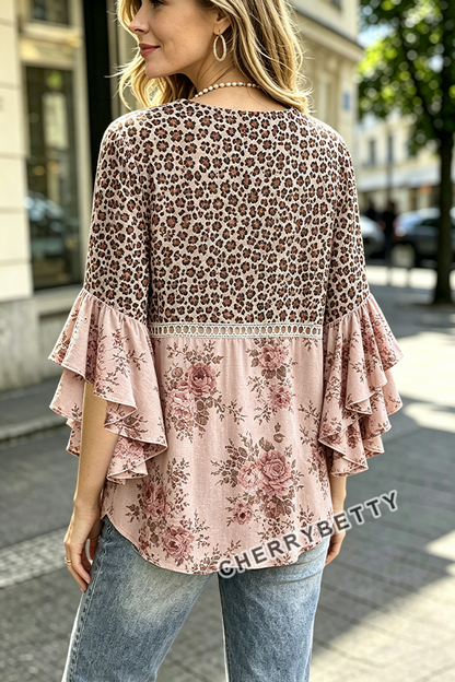 Vintage Leopard Floral Print  Ruffel Sleeve Top