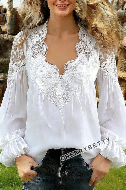 Elegant Lace V-Neck Bubble Sleeve Blouse