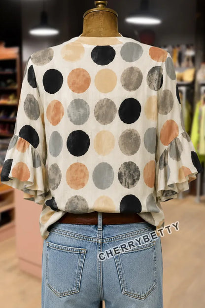 Colorful Polka Dot Print Notch Neck Ruffle Sleeve Top