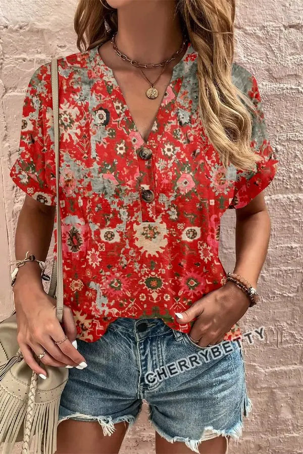 Floral Print Button Detailed V-Neck Top